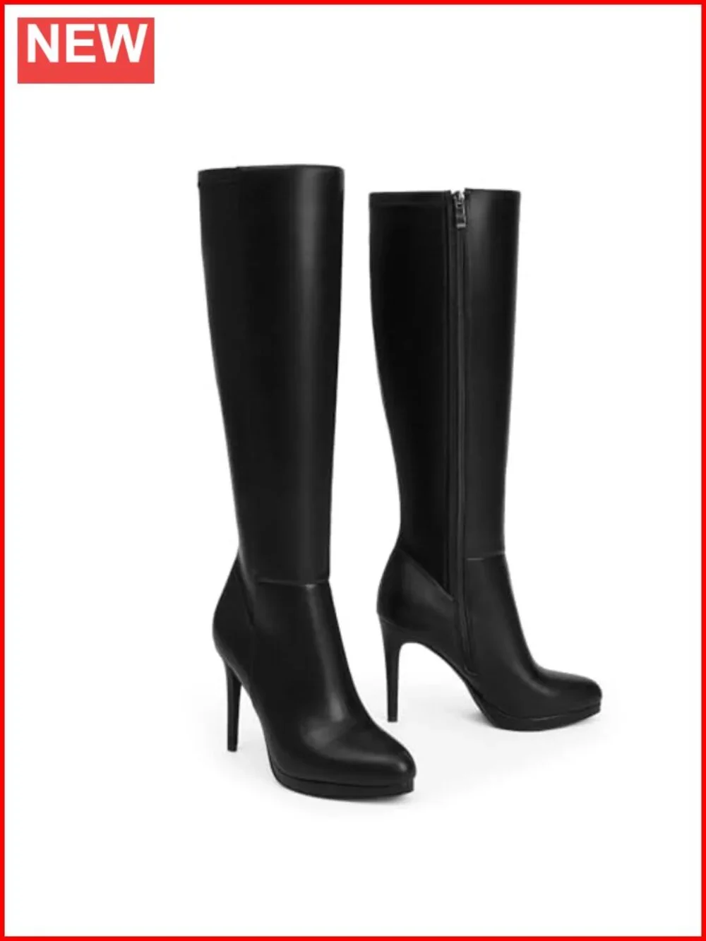 Knee High Platform Boots Women Round Toe Stiletto Heel Faux Leather